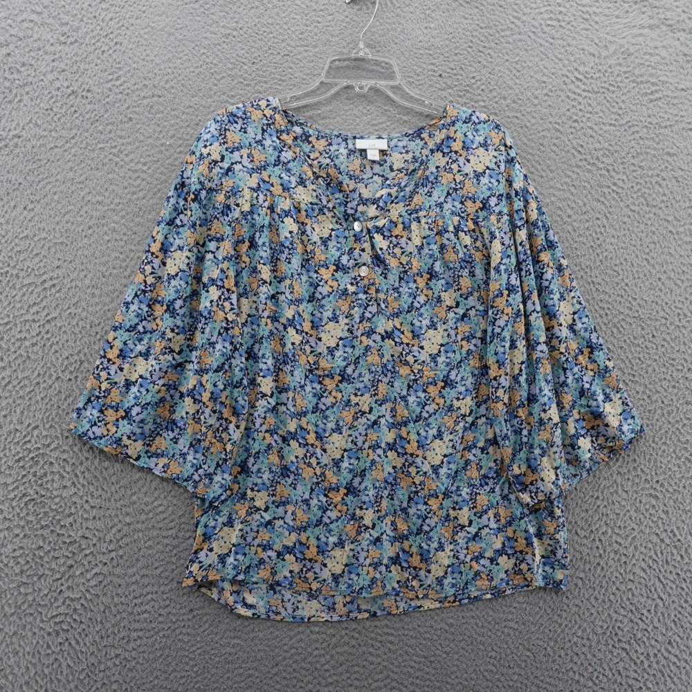 J Jill Floral Popover Blouse Small Blue Multicolor‎ Rayon 3/4 Sleeve Boho Women